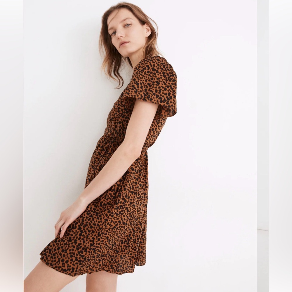 Madewell Dress Flutter-Sleeve Wrap Mini Painted Leopard